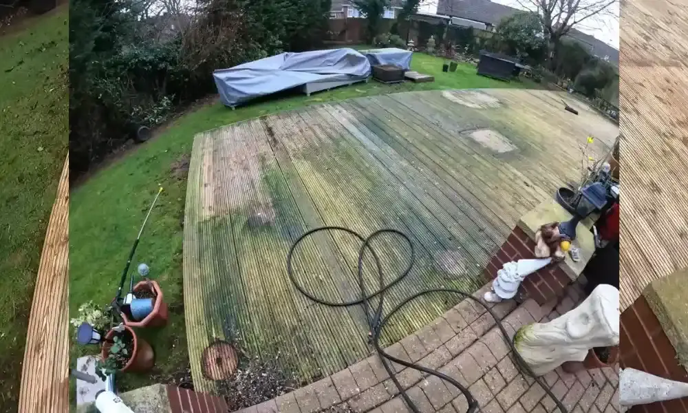 Moss covered wooden deck before professional deck cleaning Eugene