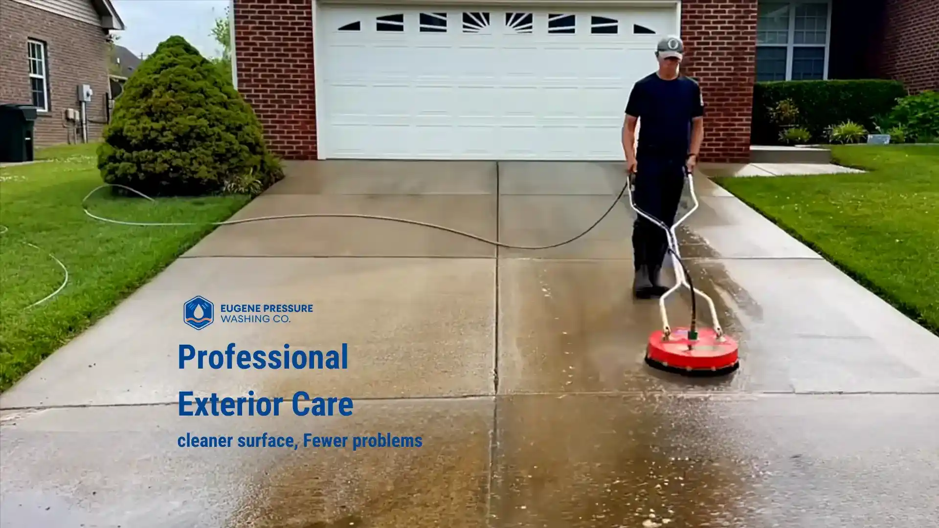 Professional pressure washing of a residential concrete driveway in Eugene, OR using a surface cleaner for an even, streak-free finish.