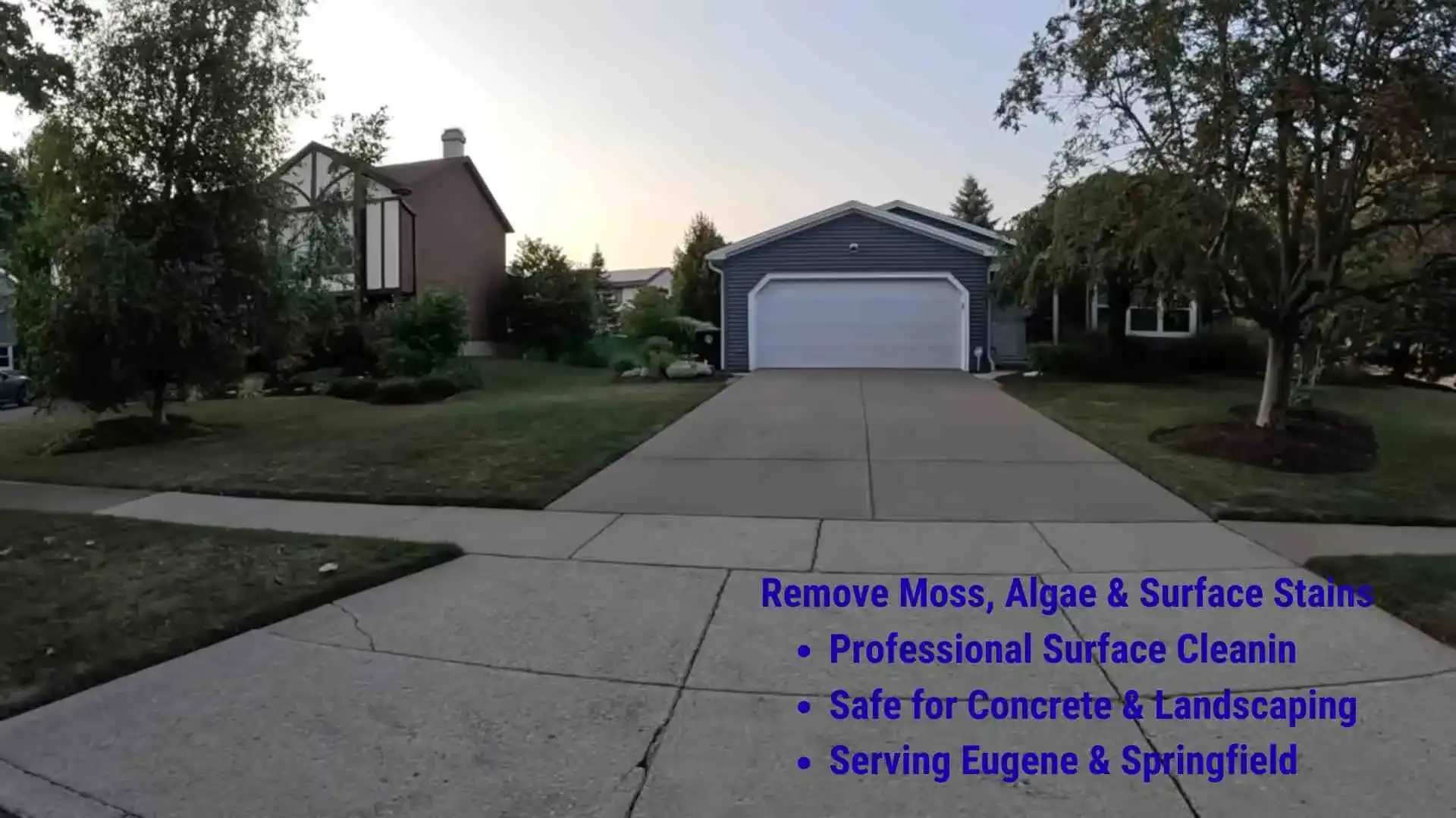 Professional driveway cleaning service with a clean concrete driveway in front of a residential home, highlighting moss, algae, and surface stain removal in Eugene and Springfield.